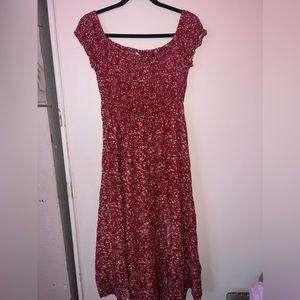 Long, off the shoulder or can be worn regularly red flower print dress
